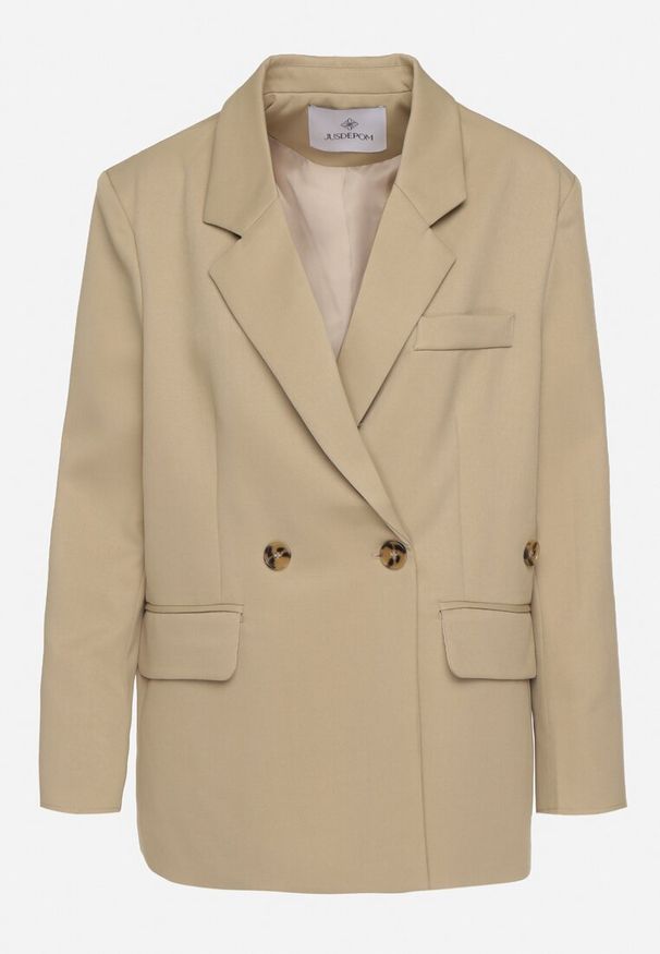 Born2be - Beżowa Dwurzędowa Marynarka o Pudełkowym Kroju Oversize z Dodatkowym Guzikiem Paselira. Okazja: na co dzień. Kolor: beżowy. Materiał: jeans. Styl: casual, elegancki