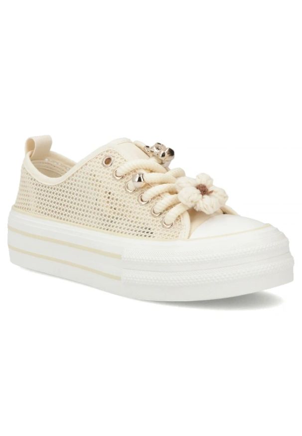 Trampki damskie siateczkowe na platformie beżowe Filippo DTN7855. Kolor: beżowy. Materiał: tkanina. Wzór: aplikacja. Obcas: na platformie