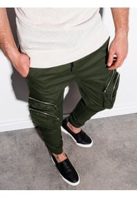 Ombre Clothing - Spodnie męskie joggery P996 - khaki - L. Kolor: brązowy. Materiał: bawełna, elastan #4