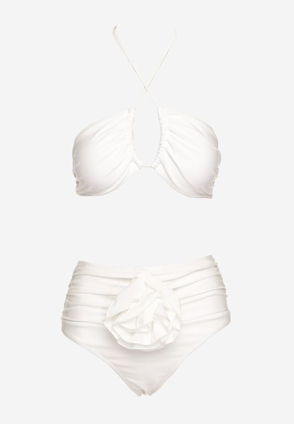 Renee - Białe 2-Częściowe Bikini Stanik Zapinany przy Szyi z Wiązaniem Figi z Wysokim Stanem Nanselian. Stan: podwyższony. Kolor: biały. Wzór: aplikacja