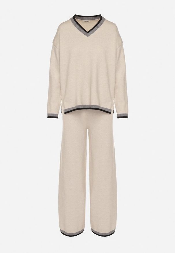 Born2be - Jasnobeżowy Dzianinowy Komplet z Ozdobną Lamówką Sweter i Szerokie Spodnie Ralenae. Kolor: beżowy. Materiał: dzianina