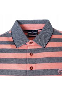 Bawełniana, Męska Koszulka Polo - Pako Jeans - Łososiowe Pasy. Okazja: na co dzień. Typ kołnierza: polo. Kolor: różowy. Materiał: bawełna. Wzór: prążki, paski. Styl: casual #7