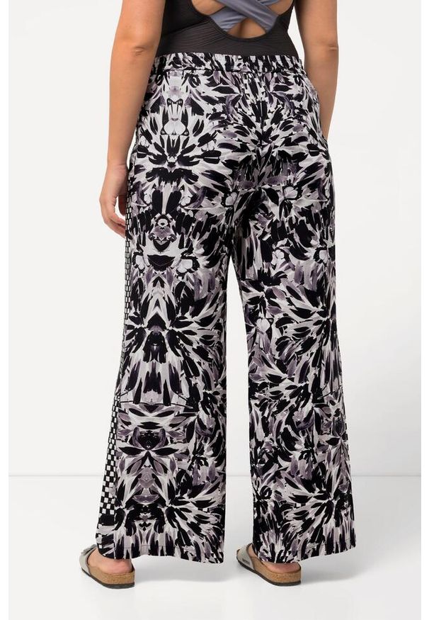 ULLA POPKEN - Damskie Spodnie palazzo szeroka nogawka roślinny nadruk elastyczny pas. Kolekcja: plus size. Kolor: czarny. Materiał: wiskoza, materiał. Wzór: nadruk