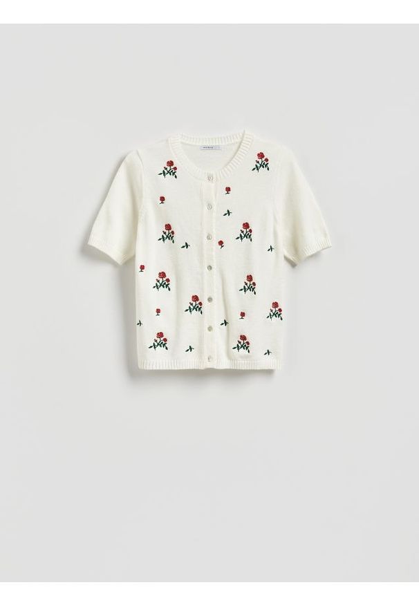 Reserved - Kardigan z krótkim rękawem - złamana biel. Materiał: dzianina. Długość rękawa: krótki rękaw. Długość: krótkie