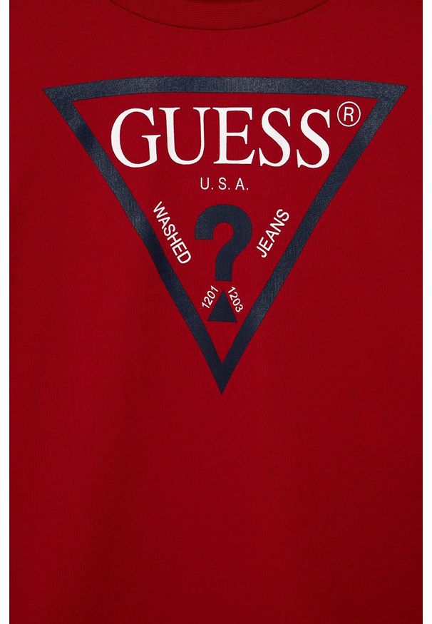 Guess Longsleeve dziecięcy kolor czerwony z nadrukiem. Okazja: na co dzień. Kolor: czerwony. Materiał: dzianina, bawełna. Długość rękawa: długi rękaw. Wzór: nadruk. Styl: casual