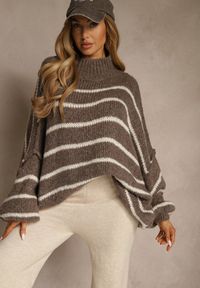 Renee - Brązowy Oversizowy Golf w Paski z Dodatkiem Wełny i Wiskozy Nezella. Okazja: na co dzień. Typ kołnierza: golf. Kolor: brązowy. Materiał: wełna, wiskoza. Wzór: paski. Styl: casual, elegancki #1