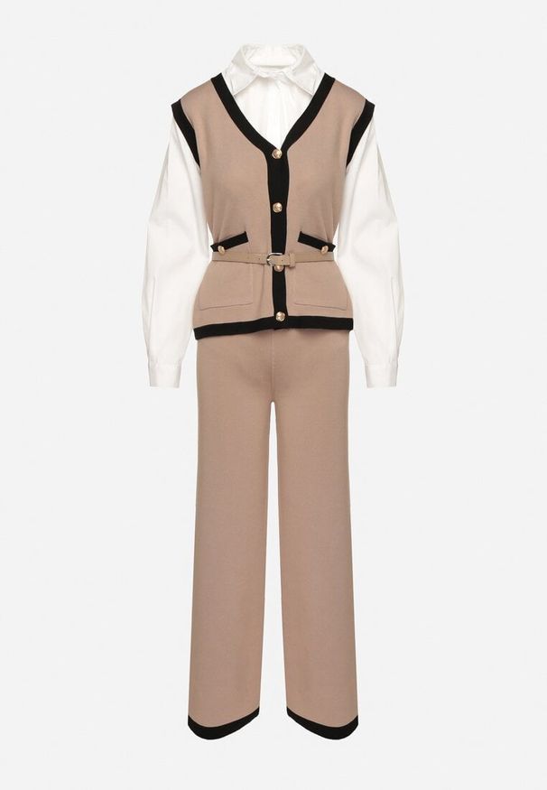 Born2be - Beżowy Komplet z Wiskozą Koszula Kamizelka na Guziki z Wiązaniem Szerokie Spodnie Argillia. Kolor: beżowy. Materiał: wiskoza