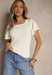 Renee - Beżowa Bluzka z Rozkloszowanymi Rękawami Sunelva. Okazja: na co dzień. Kolor: beżowy. Materiał: jeans. Styl: elegancki, casual