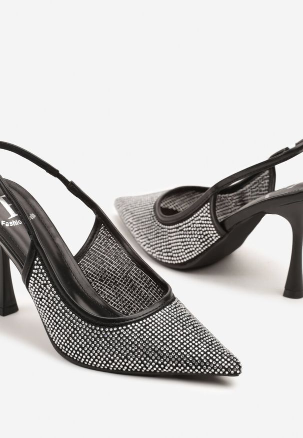 Renee - Czarne Sandały Szpilki Slingback z Noskiem w Szpic Zdobione Cyrkoniami Zenvia. Okazja: do pracy, na spotkanie biznesowe, na imprezę. Kolor: czarny. Wzór: aplikacja. Obcas: na szpilce. Styl: biznesowy, wizytowy