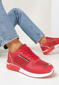 Born2be - Czerwone Sneakersy na Płaskiej Podeszwie Ozdobione Brokatem Mayna. Nosek buta: okrągły. Kolor: czerwony. Materiał: materiał. Wzór: aplikacja. Obcas: na płaskiej podeszwie #3