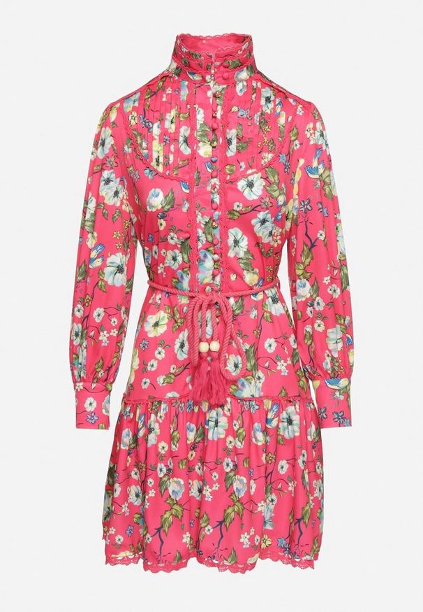 Born2be - Fuksjowa Koszulowa Sukienka ze Stójką i Falbanką Madalyn. Typ kołnierza: kołnierzyk stójkowy. Kolor: różowy. Materiał: koronka. Typ sukienki: koszulowe