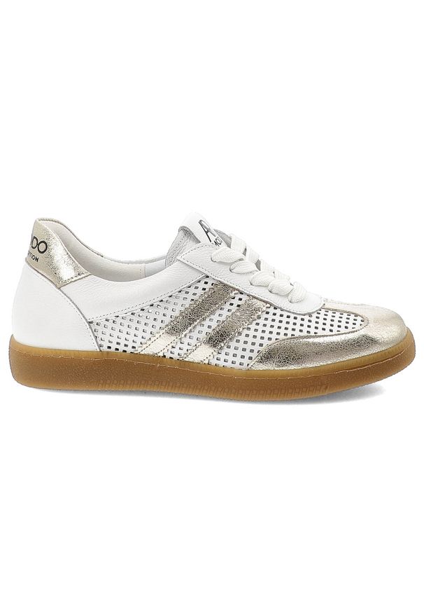 Sneakersy damskie Armodo, cholewka ze skóry naturalnej gładka konstrukcja z dekoracyjnymi wstawkami klasyczne sznurowanie niska wygodna podeszwa, bia. Okazja: na co dzień. Zapięcie: sznurówki. Kolor: biały. Materiał: skóra. Szerokość cholewki: normalna. Wzór: gładki. Styl: klasyczny