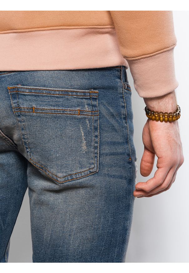 Ombre Clothing - Spodnie męskie jeansowe z przetarciami SLIM FIT P1021 - niebieskie - XXL. Okazja: na co dzień. Kolor: niebieski. Materiał: jeans. Styl: casual