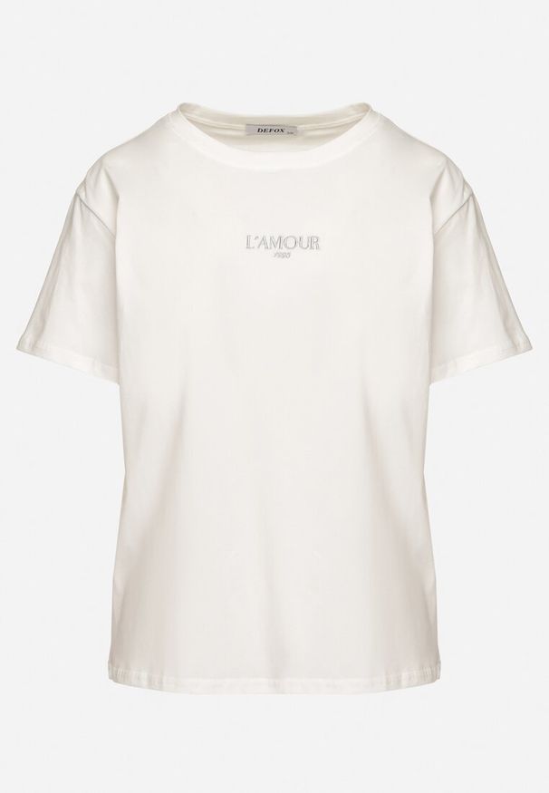 Born2be - Biały T-shirt z Bawełny Ozdobiony Napisem Marivorra. Okazja: na co dzień. Kolor: biały. Materiał: bawełna. Wzór: napisy, aplikacja. Styl: casual, klasyczny