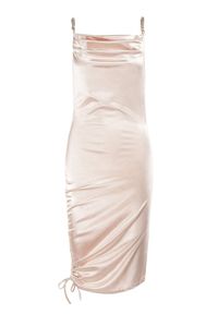 Born2be - Beżowa Sukienka Satynowa Peron. Kolor: beżowy. Materiał: satyna. Długość rękawa: na ramiączkach. Wzór: aplikacja. Typ sukienki: asymetryczne. Długość: mini #6