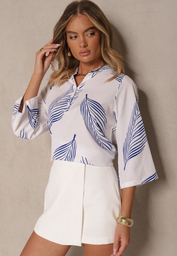 Renee - Biało-Niebieska Koszula z Bawełną i Motywem Liści Lumireline. Okazja: na co dzień. Kolor: biały. Materiał: bawełna. Styl: elegancki, casual