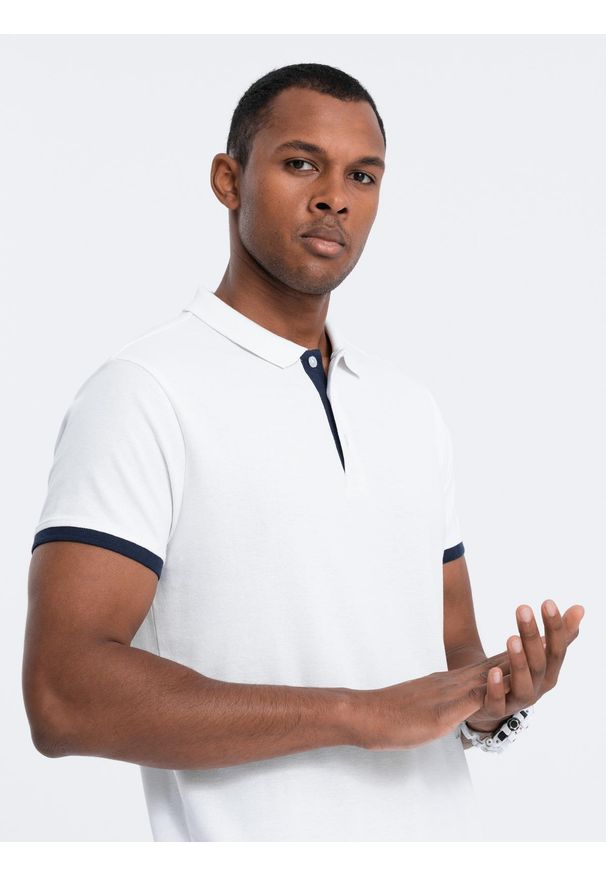 Ombre Clothing - Bawełniana męska koszulka polo z kontrastowymi wykończeniami – biała V1 - Rozmiar: L. Typ kołnierza: polo. Kolor: biały. Materiał: bawełna. Wzór: haft