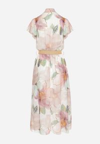 Born2be - Beżowa Sukienka o Rozkloszowanym Kroju z Wiązaniem przy Dekolcie i Paskiem Sorilina. Okazja: na co dzień. Kolor: beżowy. Długość rękawa: krótki rękaw. Wzór: kwiaty. Styl: casual, elegancki #4