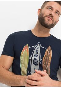 bonprix - T-shirt Slim Fit z czystej bawełny organicznej, Slim Fit. Kolor: niebieski. Materiał: bawełna. Wzór: nadruk #3