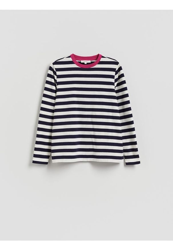 Reserved - Bawełniany longsleeve w paski - granatowy. Kolor: niebieski. Materiał: bawełna. Długość rękawa: długi rękaw. Wzór: paski