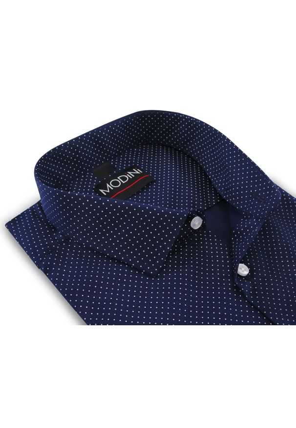 Modini - Granatowa koszula w białe kropki Y89. Kolor: niebieski, biały, wielokolorowy. Materiał: tkanina, poliester, bawełna. Długość: długie. Wzór: kropki