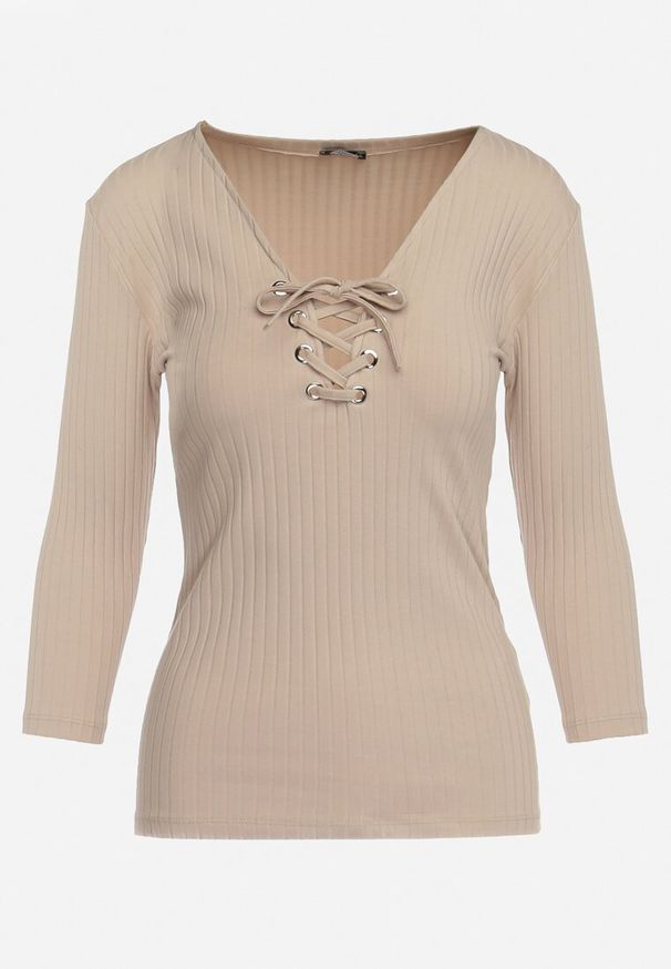 Born2be - Beżowa Bawełniana Bluzka w Prążki z Gorsetowym Wiązaniem Przy Dekolcie Jarelis. Typ kołnierza: dekolt gorset. Kolor: beżowy. Materiał: bawełna. Wzór: prążki