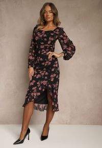Renee - Czarno-Różowa Sukienka VICES o Taliowanym Kroju z Falbankami i Bufiastymi Rękawami Tevite. Okazja: na imprezę. Typ kołnierza: kołnierz z falbankami. Kolor: czarny #5