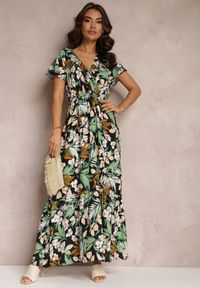 Renee - Zielono-Czarna Sukienka z Wiskozy Maxi w Kwiaty Mahiza. Typ kołnierza: dekolt kopertowy. Kolor: zielony. Materiał: wiskoza. Długość rękawa: krótki rękaw. Wzór: kwiaty. Typ sukienki: kopertowe. Długość: maxi