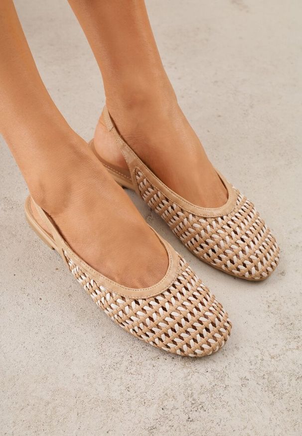 Renee - Ciemnobeżowe Plecione Baleriny Typu Slingback Ellariell. Okazja: na co dzień. Kolor: brązowy. Materiał: jeans, koronka. Wzór: ze splotem, koronka. Styl: casual