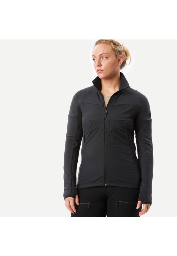SIMOND - Bluza trekkingowa damska Forclaz MT900 merino. Kolor: czarny. Materiał: tkanina, wełna, materiał, poliamid, włókno, elastan. Sport: turystyka piesza