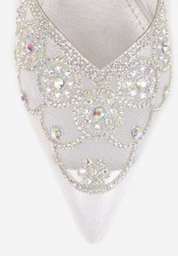 Born2be - Srebrne Czółenka na Szpilce VICES z Siateczkową Cholewką z Brokatem i Cyrkoniami Venbanise. Okazja: na komunię, na wesele, na ślub cywilny. Zapięcie: sprzączka. Kolor: srebrny. Materiał: tiul. Szerokość cholewki: normalna. Wzór: aplikacja. Obcas: na szpilce. Styl: klasyczny, elegancki #3