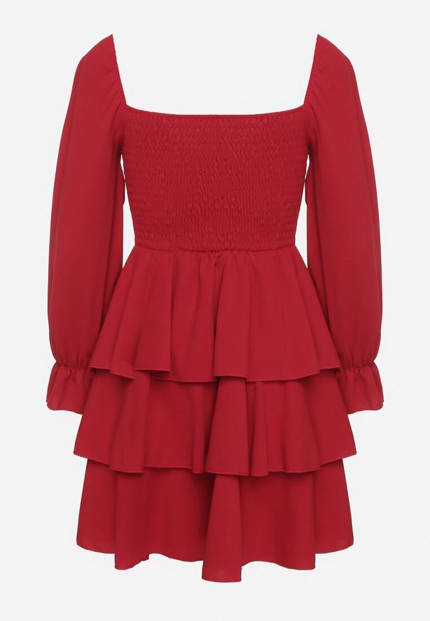 Born2be - Czerwona Rozkloszowana Sukienka z Falbankami i Bufiastymi Rękawami Semithara. Okazja: na co dzień. Typ kołnierza: kołnierz z falbankami. Kolor: czerwony. Wzór: aplikacja. Styl: klasyczny, casual, elegancki
