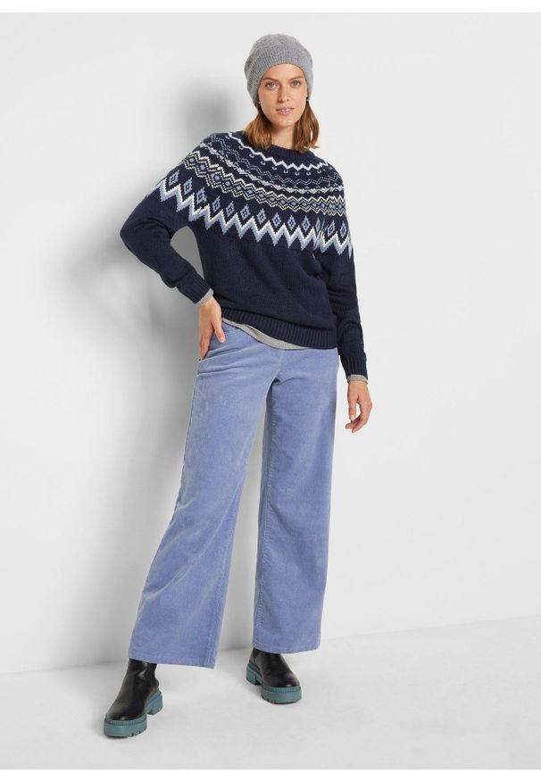 bonprix - Sweter z płytkim dekoltem, w norweski wzór. Kolor: niebieski