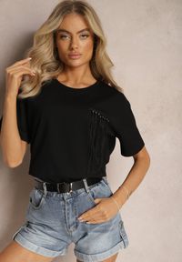 Renee - Czarny T-shirt z Elastycznej Bawełny z Koralikami i Frędzlami Naleissa. Kolor: czarny. Materiał: bawełna #5