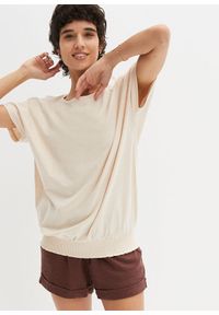 bonprix - Bawełniana koszulka z przędzy mieszankowej z marszczeniem w talii. Kolor: beżowy. Materiał: bawełna #1