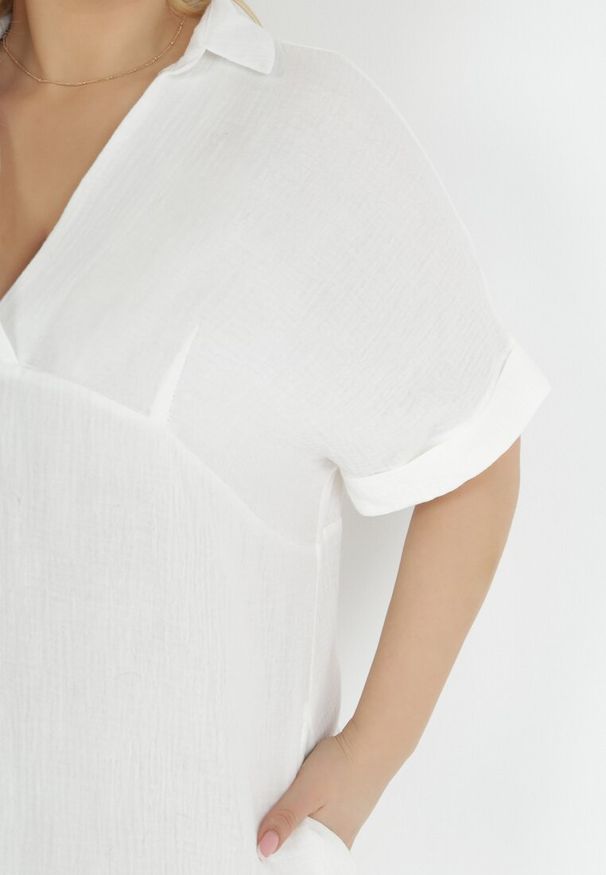 Born2be - Biała Bawełniana Sukienka Pudełkowa z Kołnierzykiem Aillia. Kolekcja: plus size. Kolor: biały. Materiał: bawełna. Typ sukienki: dla puszystych. Długość: mini