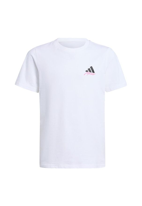 Adidas - Koszulka dla dzieci z grafiką kultowego Messiego. Kolor: biały. Materiał: bawełna. Wzór: kolorowy. Sport: piłka nożna