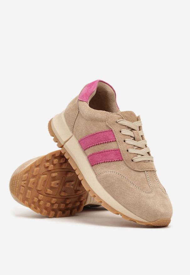 Born2be - Beżowo-Fuksjowe Skórzane Sneakersy z Ozdobnymi Paskami Felindda. Okazja: na co dzień. Zapięcie: pasek. Kolor: beżowy. Materiał: skóra