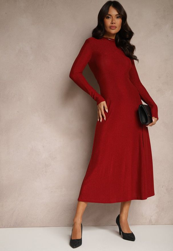 Renee - Bordowa Elegancka Sukienka z Wiskozą i Brokatem Werista. Kolor: czerwony. Materiał: wiskoza. Sezon: zima. Styl: elegancki