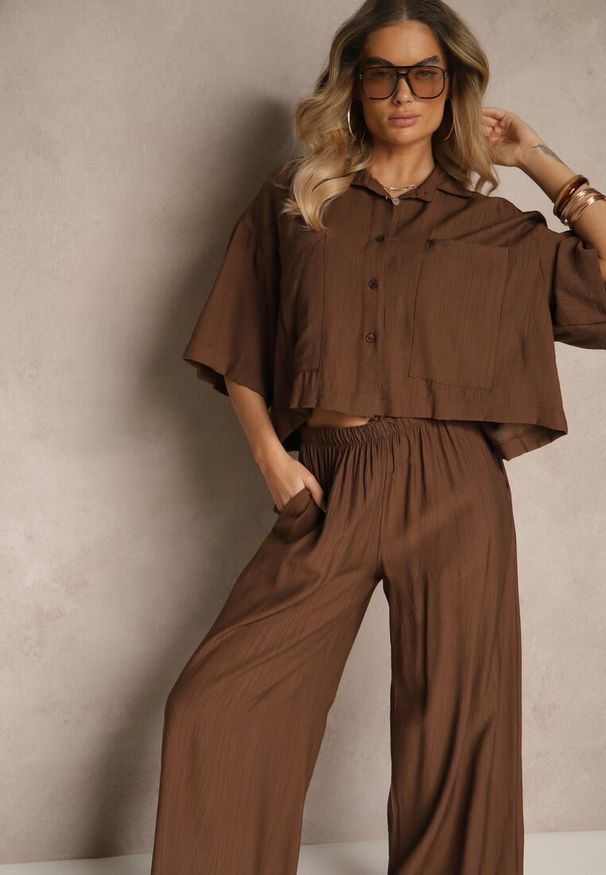 Renee - Brązowy Komplet z Wiskozy o Kroju Oversize Koszula i Spodnie Dovaraella. Kolor: brązowy. Materiał: wiskoza