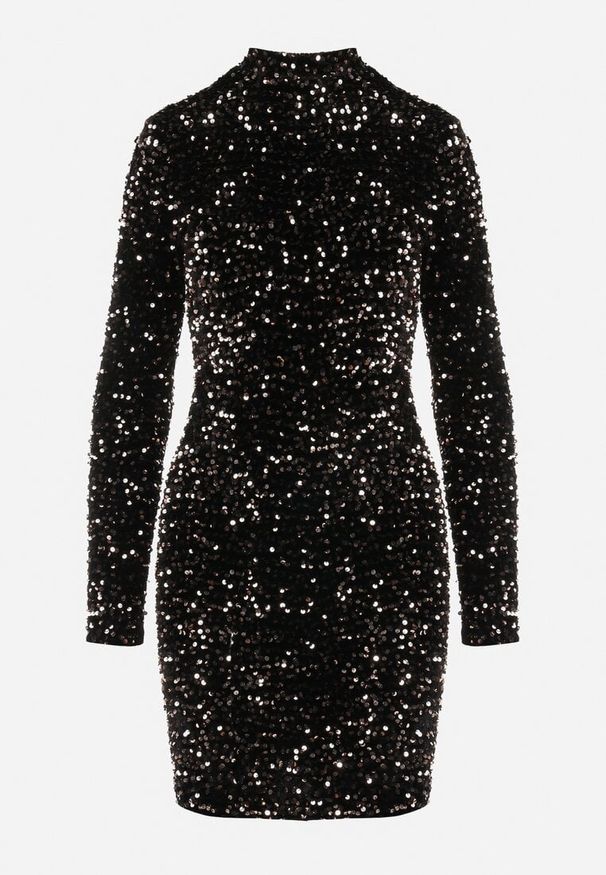 Born2be - Czarno-Złota Dopasowana Sukienka Mini z Półgolfem Zdobiona Cekinami Jurottja. Kolor: czarny. Długość rękawa: długi rękaw. Wzór: aplikacja. Typ sukienki: proste. Długość: mini