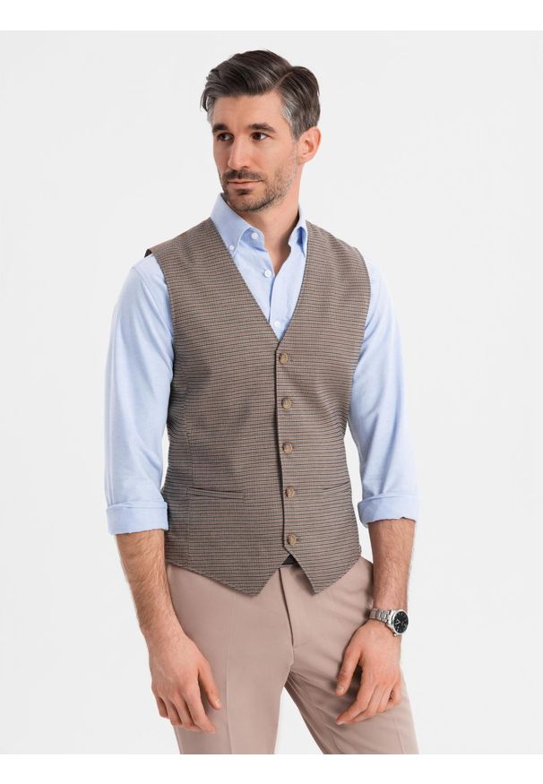 Ombre Clothing - Żakardowa kamizelka męska casual bez klap - brązowa V1 - Rozmiar: L. Okazja: na co dzień. Kolor: brązowy. Materiał: żakard. Wzór: gładki. Styl: casual