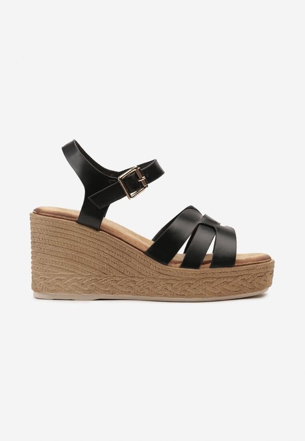 Renee - Czarne Sandały na Plecionym Koturnie i Platformie Innoma. Kolor: czarny. Materiał: bawełna, jeans. Sezon: lato. Obcas: na koturnie. Styl: wakacyjny, elegancki