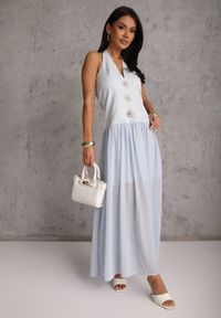 Renee - Niebieska Sukienka z Dekoltem Halter i Ozodbymi Guzikami z Przodu Nesia. Typ kołnierza: dekolt halter. Kolor: niebieski #3