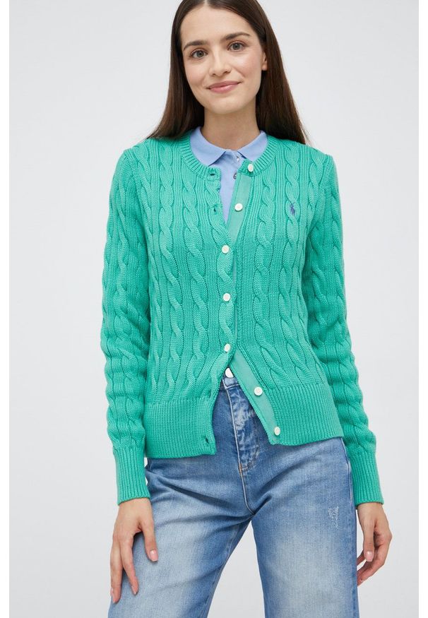 Polo Ralph Lauren kardigan bawełniany 211792413008 damski kolor zielony. Okazja: na co dzień. Typ kołnierza: polo. Kolor: zielony. Materiał: bawełna. Długość rękawa: długi rękaw. Długość: długie. Wzór: ze splotem. Styl: casual