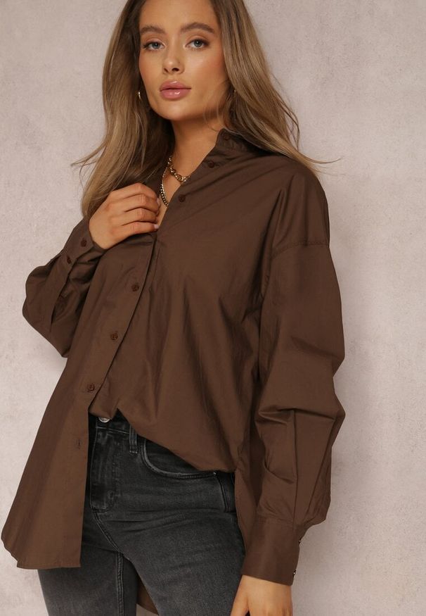 Renee - Ciemnobrązowa Koszula Bawełniana Aquida. Kolor: brązowy. Materiał: bawełna. Długość rękawa: długi rękaw. Długość: długie