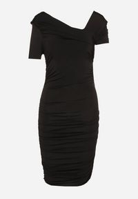 Born2be - Czarna Dopasowana Sukienka o Asymetrycznym Kroju Ozdobiona Marszczeniem Sopane. Kolor: czarny. Wzór: aplikacja. Typ sukienki: asymetryczne. Styl: klasyczny #4