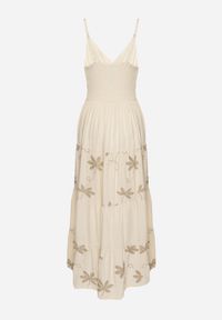 Born2be - Jasnobeżowa Sukienka Wiskozowa na Ramiączkach Ozdobiona Haftem Telanelis. Typ kołnierza: dekolt w kształcie V. Kolor: beżowy. Materiał: wiskoza. Długość rękawa: na ramiączkach. Wzór: aplikacja, haft #4