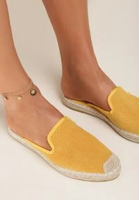 Renee - Żółte Klapki Mathopheu. Nosek buta: okrągły. Kolor: żółty. Wzór: aplikacja. Obcas: na platformie #5