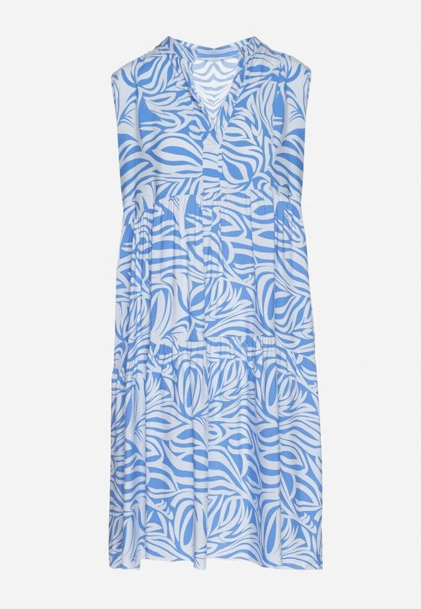 Born2be - Niebieska Bawełniana Rozkloszowana Sukienka z Geometrycznym Wzorem Annivaria. Okazja: na co dzień. Typ kołnierza: dekolt w kształcie V. Kolor: niebieski. Materiał: bawełna. Wzór: geometria. Typ sukienki: rozkloszowane. Styl: klasyczny, casual, elegancki